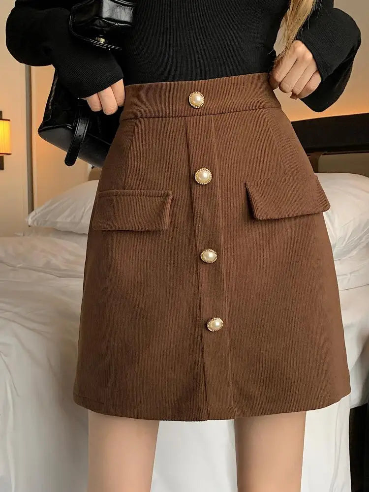 Autumn Winter New Black Pink Corduroy High Waisted Mini Skirt Women Korean Fashion Brown Large Size Short Skirt Simplicity Trend