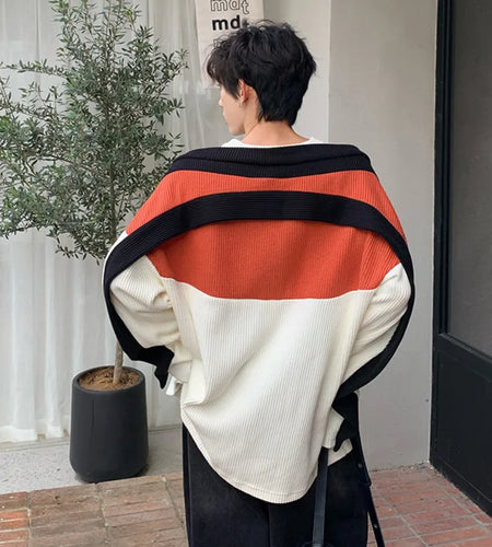 Round Collar Male Sweaters Pullover Casual Patchwork Design Contrast Color Men's Knitting Tops Niche Design Trendy 9C4112