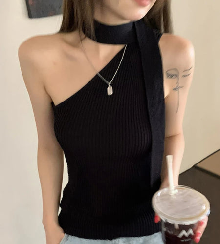 Women Tank Top Summer Solid Color One Shoulder Sleeveless Knitted T Shirt Halter Vest 2000s Clothing Streetwear