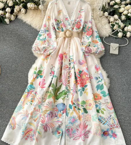 French Vintage Women Autumn Sweet Beige Flower Lace Elegant Long Sleeve Princess Dresses Ladies Party V-neck Evening Dress Boho