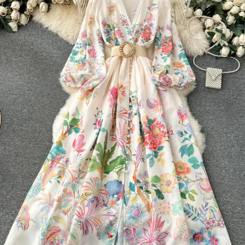 Load image into Gallery viewer, French Vintage Women Autumn Sweet Beige Flower Lace Elegant Long Sleeve Princess Dresses Ladies Party V-neck Evening Dress Boho
