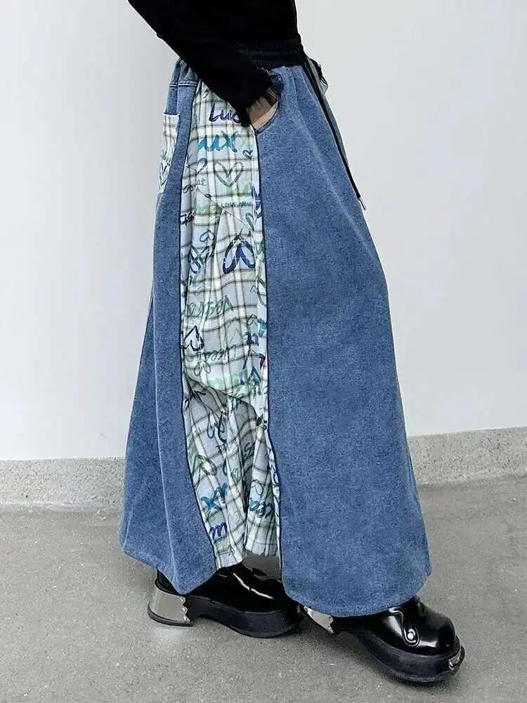 High Elastic Waist Green Pattern Printed Denim A-line Half-body Skirt Women Fashion Tide New Spring Autumn 2025 1DH8732