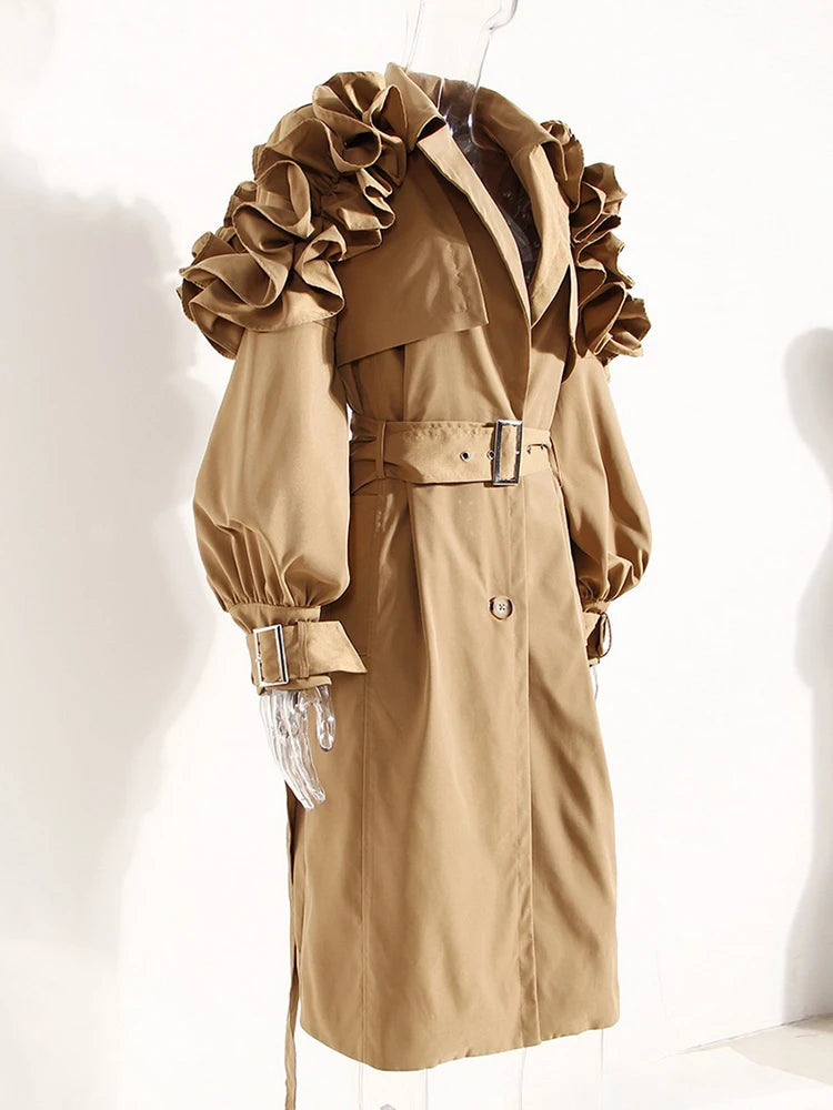 Frill Trim Windbreaker For Women Lapel Long Sleeve Solid Minimalsit Elegant Trench Coats Female Fashion Clothing