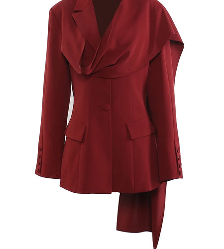Women Red Irregular Scarf Spliced Elegant Blazer New Lapel Long Sleeve Jacket Fashion Tide Spring Autumn 2025 CPDB330