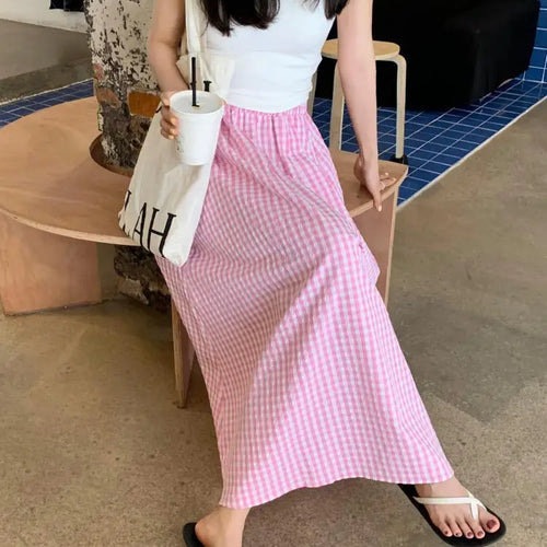 Load image into Gallery viewer, Korean Women Blue Pink Black Plaid Elastic High Waist Skirt Summer Holiday A-line Pleated Long Skirts Casual Streetwear Popular
