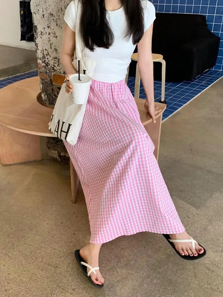 Korean Women Blue Pink Black Plaid Elastic High Waist Skirt Summer Holiday A-line Pleated Long Skirts Casual Streetwear Popular