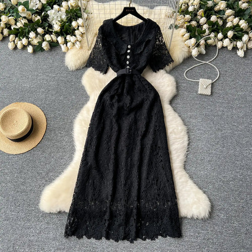 Load image into Gallery viewer, Summer Solid High Waist Button Birthday Lace Long Dress Women French Retro Elegant Short Sleeve Festival Party Evening Dress New

