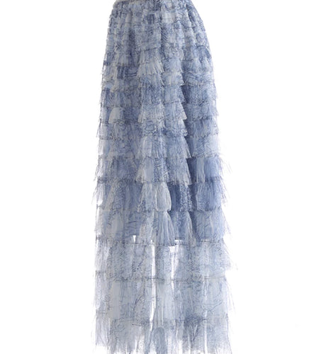 High Elastic Waist Blue Tie Dye Mesh Layers Cake Half-body Skirt Women Fashion Tide New Spring Autumn 2025 1DJ1140