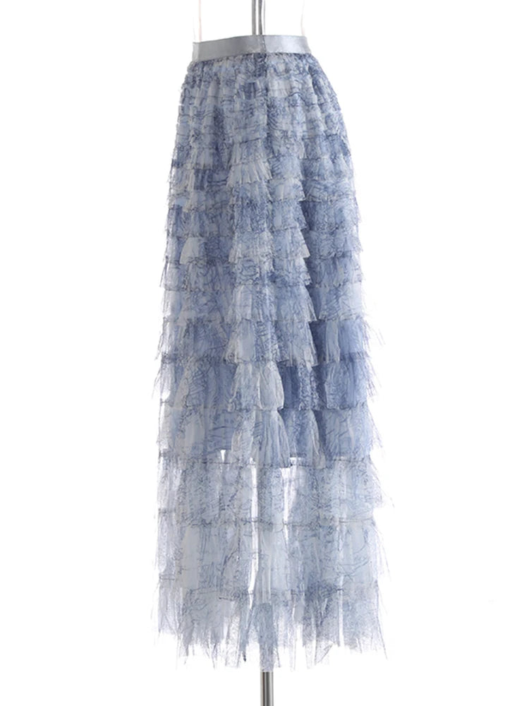High Elastic Waist Blue Tie Dye Mesh Layers Cake Half-body Skirt Women Fashion Tide New Spring Autumn 2025 1DJ1140