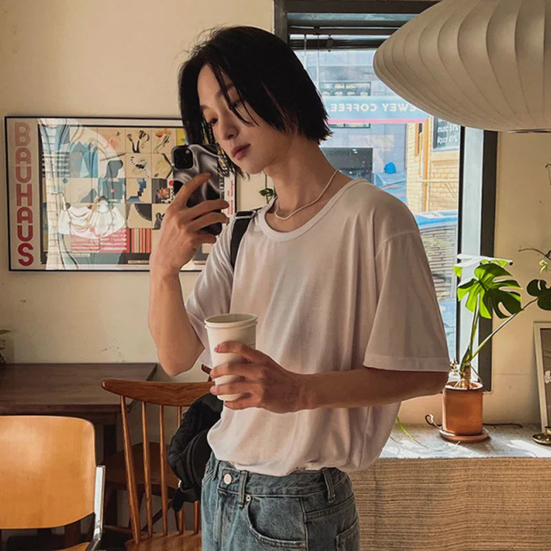 Men's T-shirts Short Sleeve New Summer Loose Round Neck Design Korean Solid Color Simple Trendy Pullover Male Top 9W1619