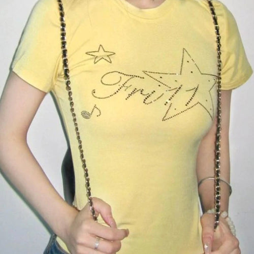 Load image into Gallery viewer, 2025 Summer Yellow Gothic Tee Femme Y2k Aesthetic Slim Women Sexy Crop T-shirt Vintage Diamond Letter Streetwear Grunge Tshirts
