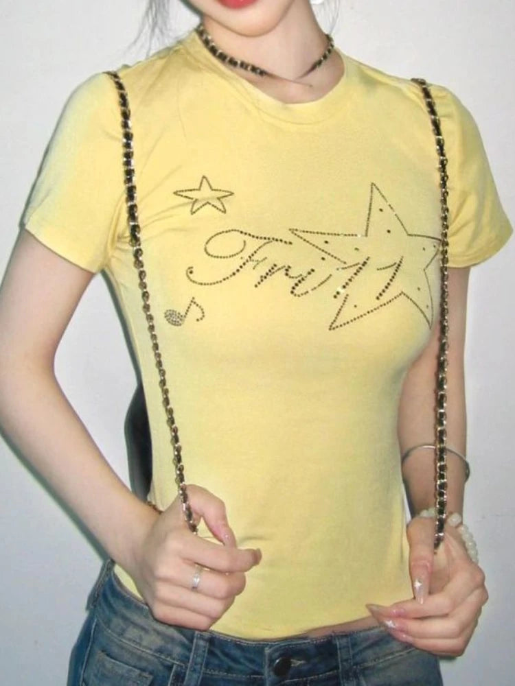 2025 Summer Yellow Gothic Tee Femme Y2k Aesthetic Slim Women Sexy Crop T-shirt Vintage Diamond Letter Streetwear Grunge Tshirts