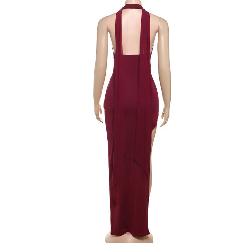 Scarf Collar Backless Sexy Maxi Dress Women Gown Fashion Halter Deep V Neck Thigh High Split Bodycon Long Dress