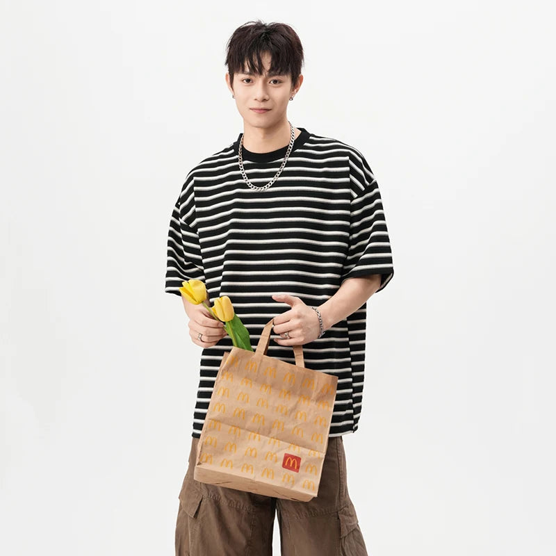 Men's T-shirts New Summer Fashion Striped Design Round Neck Short Sleeve Trendy Clothing Male Causal Pullover Tees 9W1666