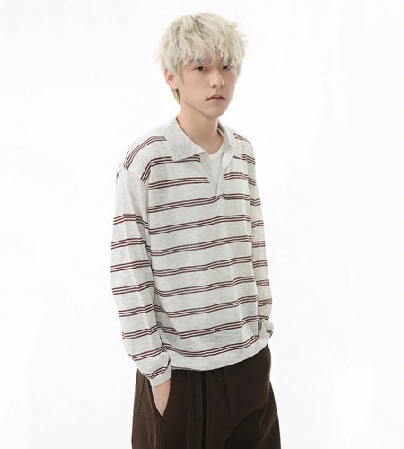 Men's Long Sleeve T-shirts New Korean Contrast Color Striped Design Loose Casual Turn-down Collar Male Handsome Top 9W1677