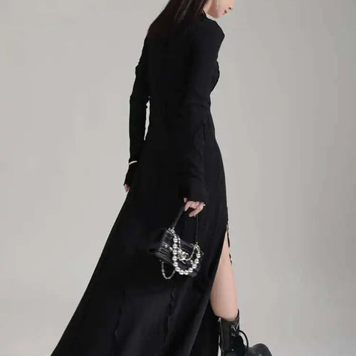 Load image into Gallery viewer, Women Black Flower Elegant Slit Long Dress New Turtleneck Long Sleeve Loose Fit Fashion Tide Spring Autumn 2025 1DH1870
