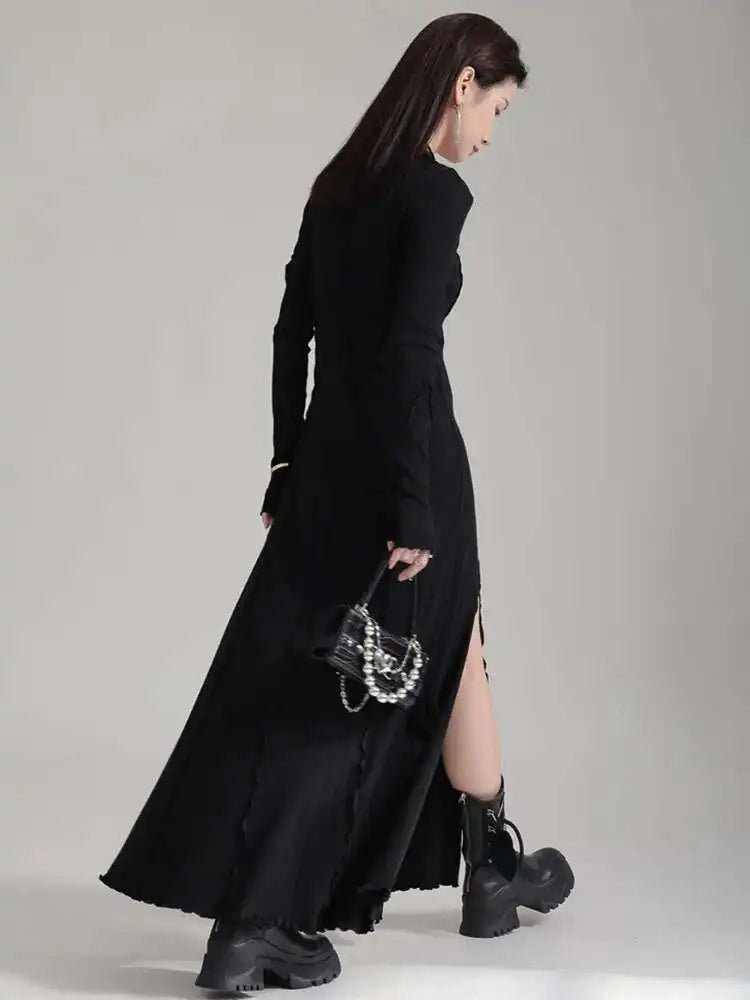 Women Black Flower Elegant Slit Long Dress New Turtleneck Long Sleeve Loose Fit Fashion Tide Spring Autumn 2025 1DH1870
