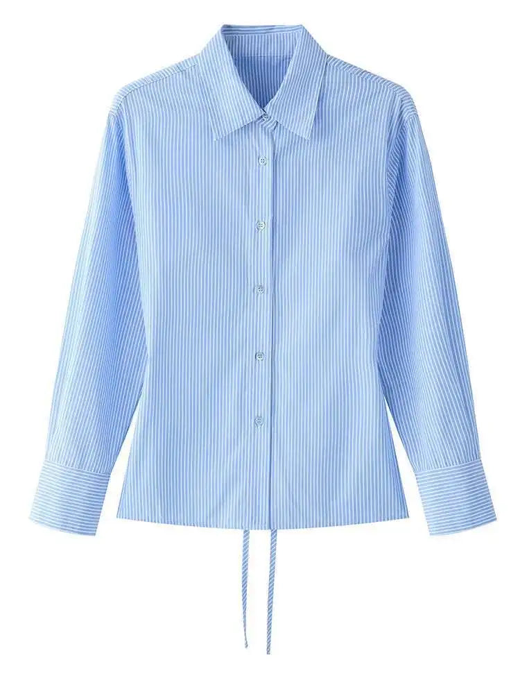 Women Purple Striped Backless Bandage Slim Blouse New Lapel Long Sleeve Shirt Fashion Tide Spring Autumn 2025 1DJ0065