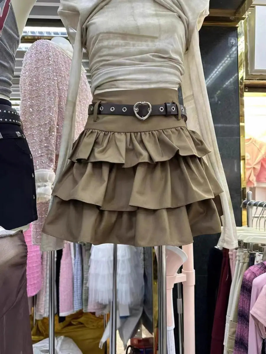 Spring Summer Women Black Brown High Waist Ruffles Cake Short Skirt White Holiday Party Pleated Mini Skirt Ladies Popular French