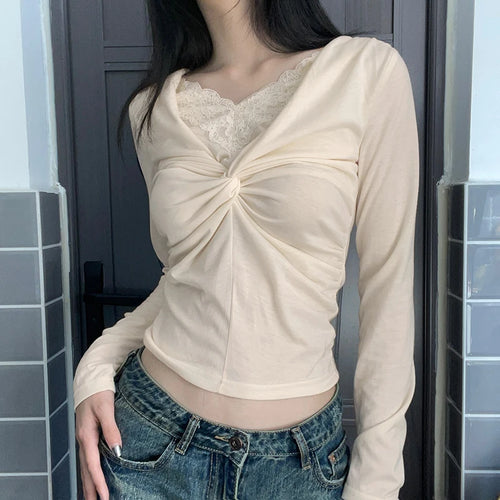 Load image into Gallery viewer, Korean Fashion Folds Tshirts Women Slim Long Sleeve Cutecore Twisted Lace Trim Top Tee Japanese Y2K Preppy Style 2024
