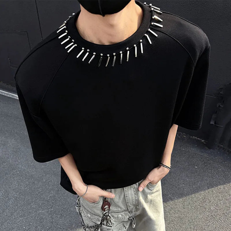 Summer Men's T-shirts Short Sleeve Round Collar Trendy Metal Decoration Loose Pad Shoulder Fashion Male Clothing 9W1710