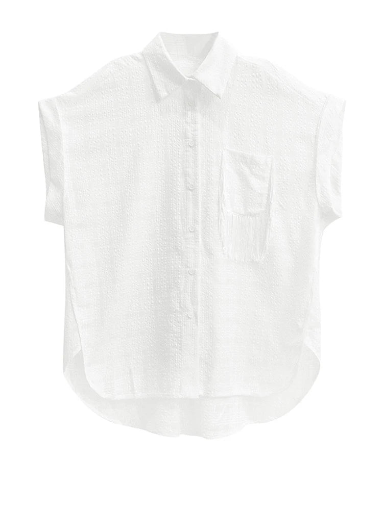 Women White Pocket Tassels Perspective Big Size Blouse New Lapel Short Sleeve Shirt Fashion Spring Summer 2025 1DJ1680