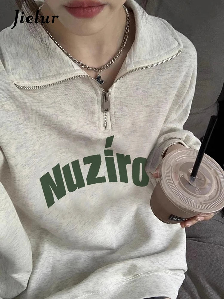 Letter Printed Polo Neck Female Hoodies Fashion Streetwear Spell Color Zipper Simple Casual Women's Hoodies Office Ladies