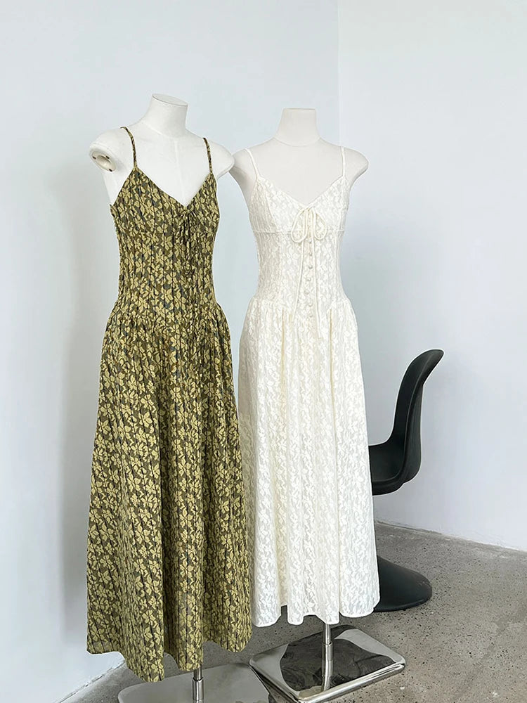 Women Green Printed Bandage Long Spaghetti Strap Dress New V-Neck Sleeveless Fashion Tide Spring Summer 2025 1DJ1311