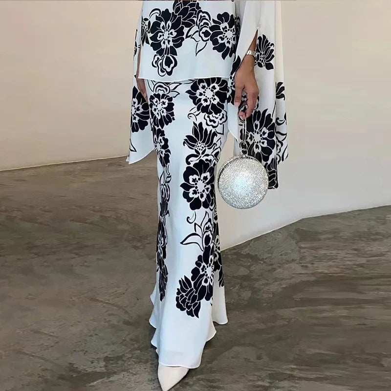 Fashion Muslim Abaya Tops Skirts Loose Two Piece Set  Autumn Spring Flower Print Women’s Muslim Outfits Set 2025 New