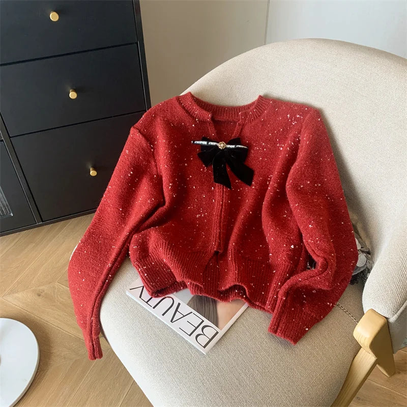 White Long Sleeve Knitted Women Bright Silk Bow Sweater Red V-neck Office Lady Button Casual Pullover Top Autumn Winter