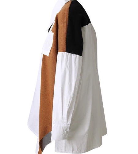 Women Coffee Knitting Spliced Big Size Irregular Blouse New Lapel Long Sleeve Shirt Fashion Spring Autumn 2025 1DJ0105