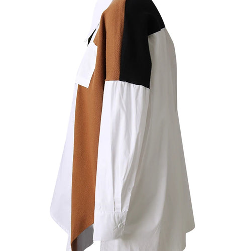 Load image into Gallery viewer, Women Coffee Knitting Spliced Big Size Irregular Blouse New Lapel Long Sleeve Shirt Fashion Spring Autumn 2025 1DJ0105
