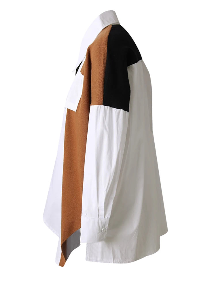 Women Coffee Knitting Spliced Big Size Irregular Blouse New Lapel Long Sleeve Shirt Fashion Spring Autumn 2025 1DJ0105