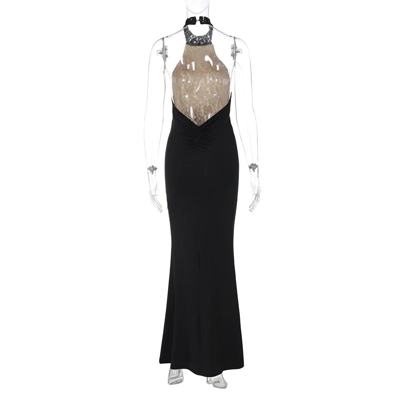 Lace Halter Backless Sexy Maxi Dress For Women Black Off-shoulder Strapless Sleeveless Bodycon Club Party Long Dress