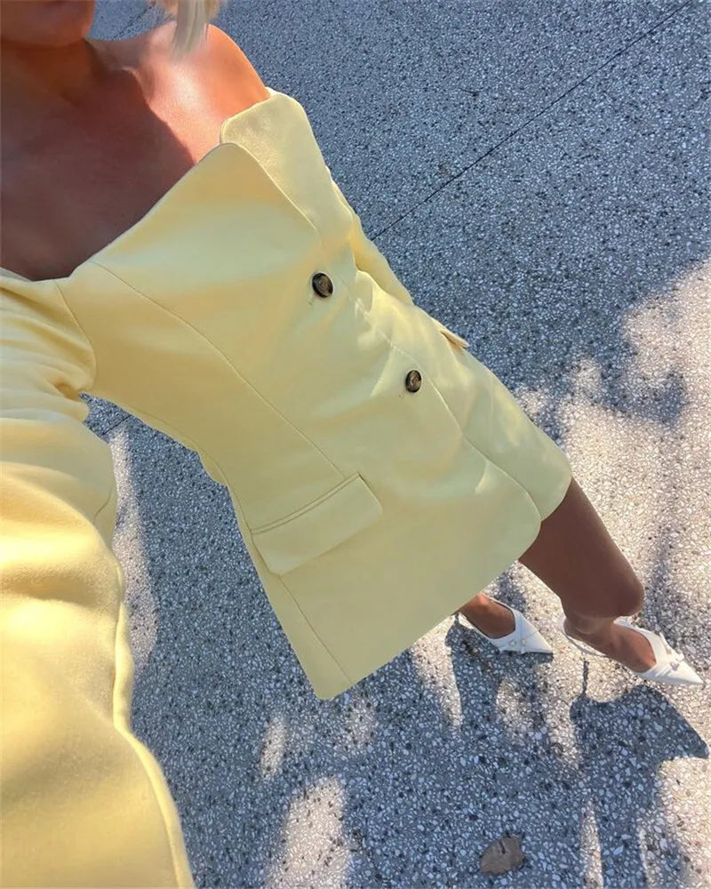 Off-shoulder Strapless Sexy Blazer Dress For Women Fashion Solid Zipper Two Pocket Long Sleeve Backless Mini Dress