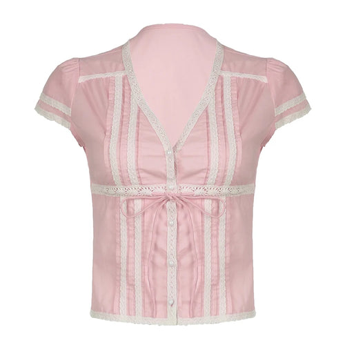 Load image into Gallery viewer, Pink Sweet Lace Spliced Summer T shirts Women Tie-Up Buttons Coquette Clothes Cropped Top Slim Korean Shirts Outfits
