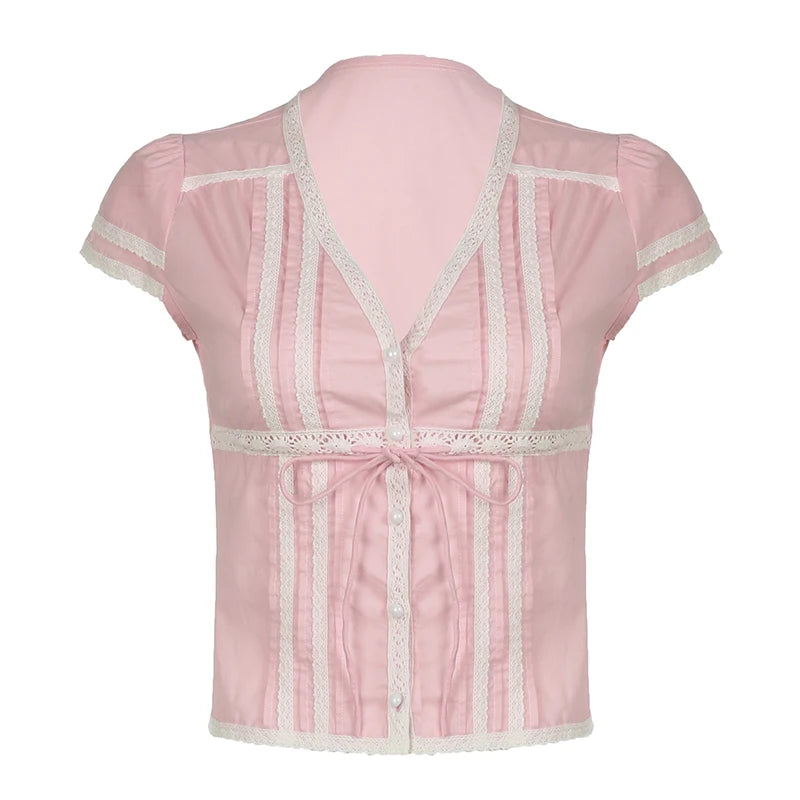 Pink Sweet Lace Spliced Summer T shirts Women Tie-Up Buttons Coquette Clothes Cropped Top Slim Korean Shirts Outfits