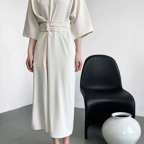 Load image into Gallery viewer, Women Black Buckle Long Elegant Dress New Round Neck Three-quarter Sleeve Loose Fit Fashion Spring Autumn 2025 1DE7880
