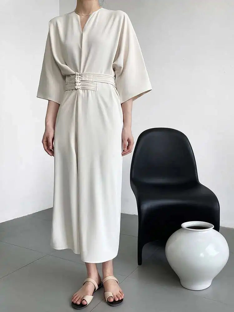 Women Black Buckle Long Elegant Dress New Round Neck Three-quarter Sleeve Loose Fit Fashion Spring Autumn 2025 1DE7880