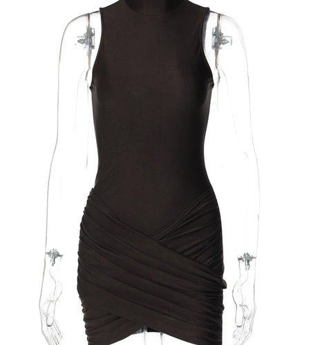 Turtleneck Sleeveless Solid Zip Up Draped Sexy Bodycon Mini Dress Summer Women Fashion Outfits Birthday Party Festival