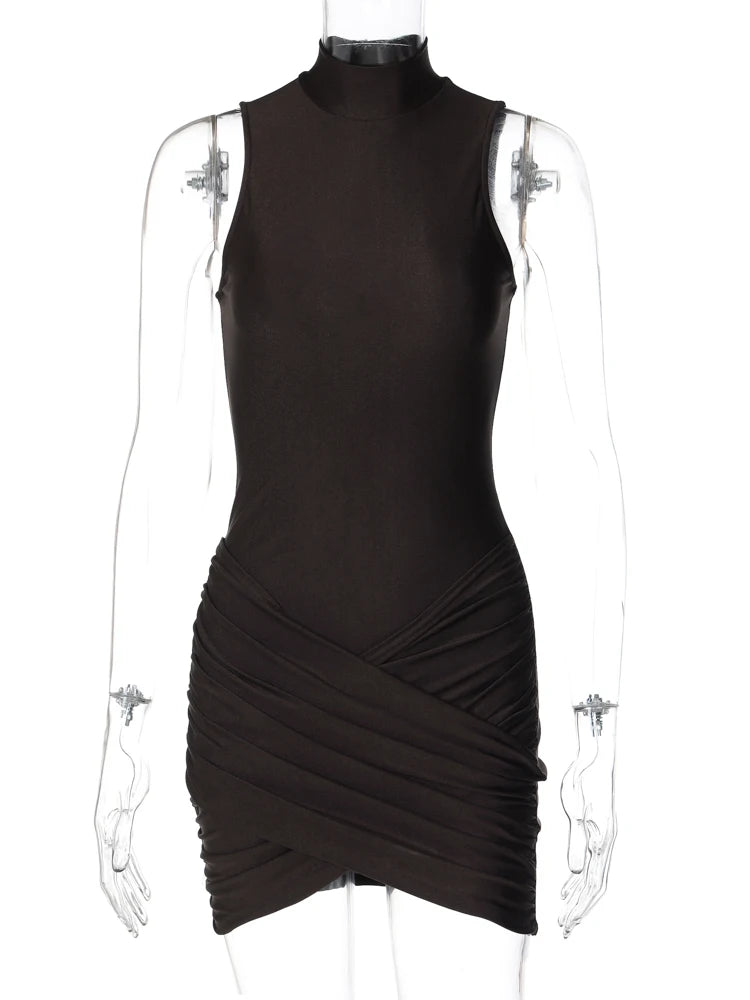 Turtleneck Sleeveless Solid Zip Up Draped Sexy Bodycon Mini Dress Summer Women Fashion Outfits Birthday Party Festival