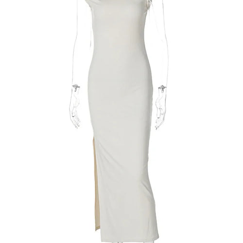 Load image into Gallery viewer, Inclined Shoulder Backless Slit Maxi Dress For Women Fashion Diagonal Collar Sleeveless Bodycon Sexy Long Dress Elegant
