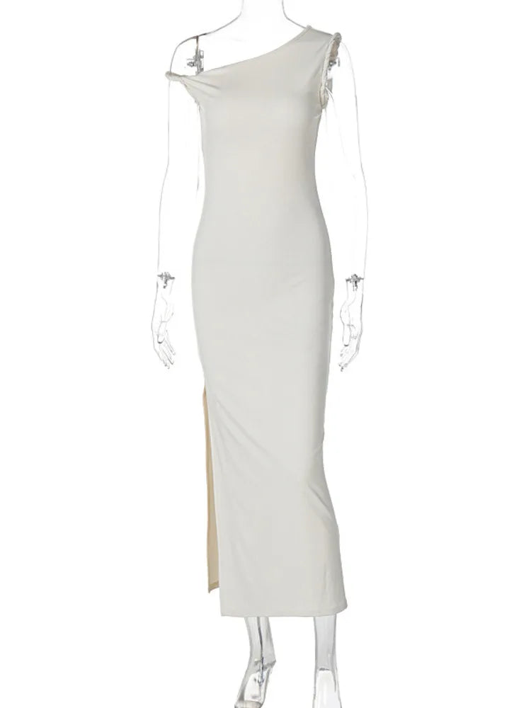 Inclined Shoulder Backless Slit Maxi Dress For Women Fashion Diagonal Collar Sleeveless Bodycon Sexy Long Dress Elegant