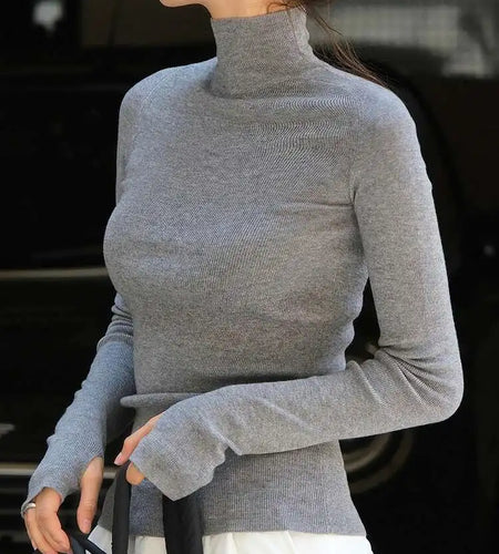 Gray Slim Elegant Knitting Sweater Turtleneck Long Sleeve Women Pullovers New Fashion Tide Spring Autumn 2025 1DH7116