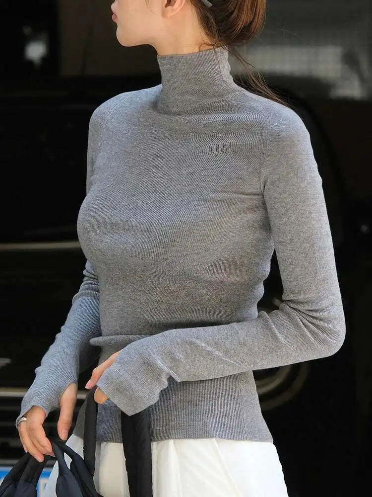 Gray Slim Elegant Knitting Sweater Turtleneck Long Sleeve Women Pullovers New Fashion Tide Spring Autumn 2025 1DH7116