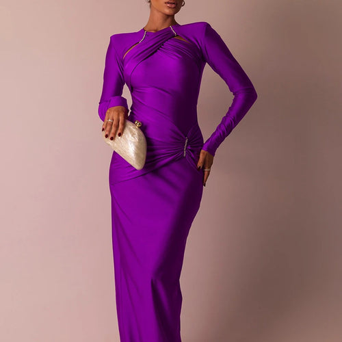 Load image into Gallery viewer, Hollow Out Long Sleeve Sexy Maxi Dress For Women Gown Fashion Solid Bodycon Ruched Club Evening Elegant Long Dress
