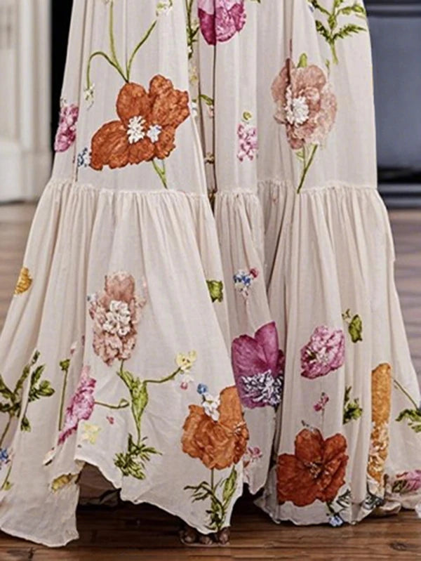 Summer Vacations Sleeveless Maxi Dresses Women 2025 Floral Printed Pleated Woman Elegant Vintage Evening Long Dresses