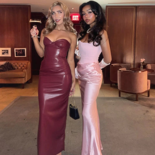Load image into Gallery viewer, Autumn Strapless Party Dresses 2024 New Arrivals Wine PU Corset  Dress Sexy Midi Bodycon Night Event Dress Women
