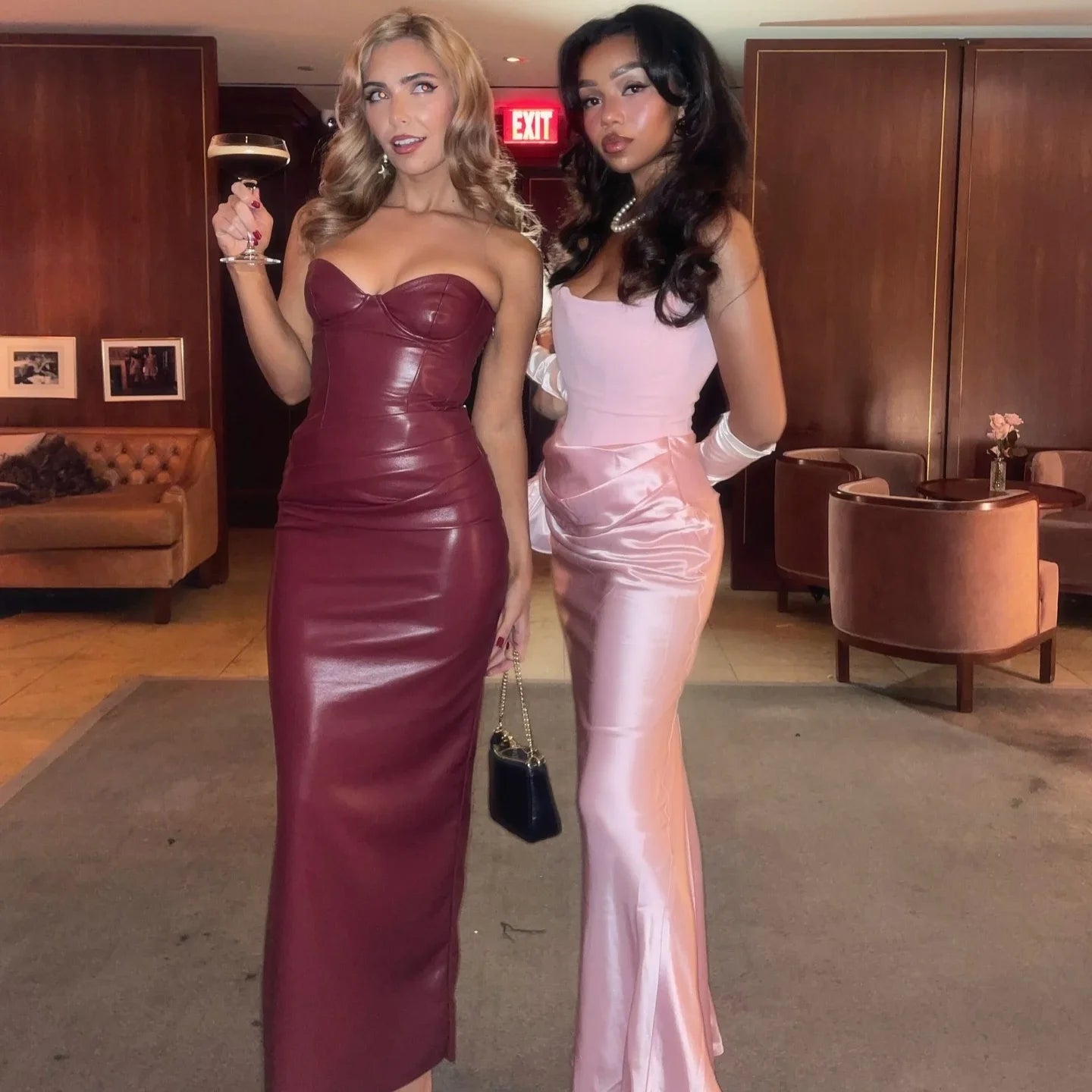 Autumn Strapless Party Dresses 2024 New Arrivals Wine PU Corset  Dress Sexy Midi Bodycon Night Event Dress Women