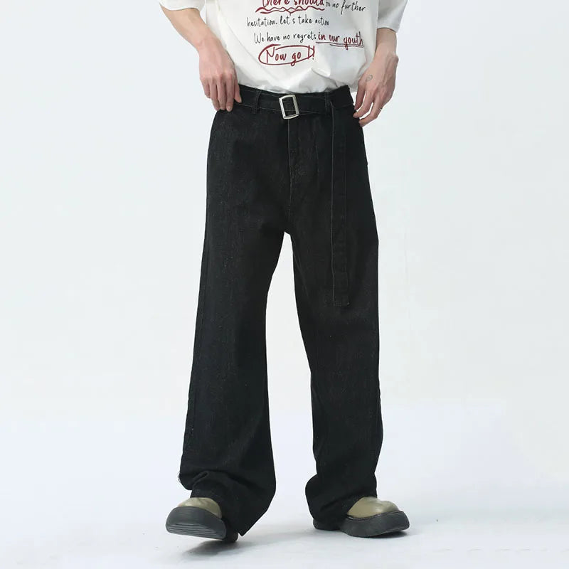 Trendy Men's Wide Leg Denim Pants Detachable Belt 2024 Solid Color Male Straight Trousers Simple Jeans Autumn 9C5289